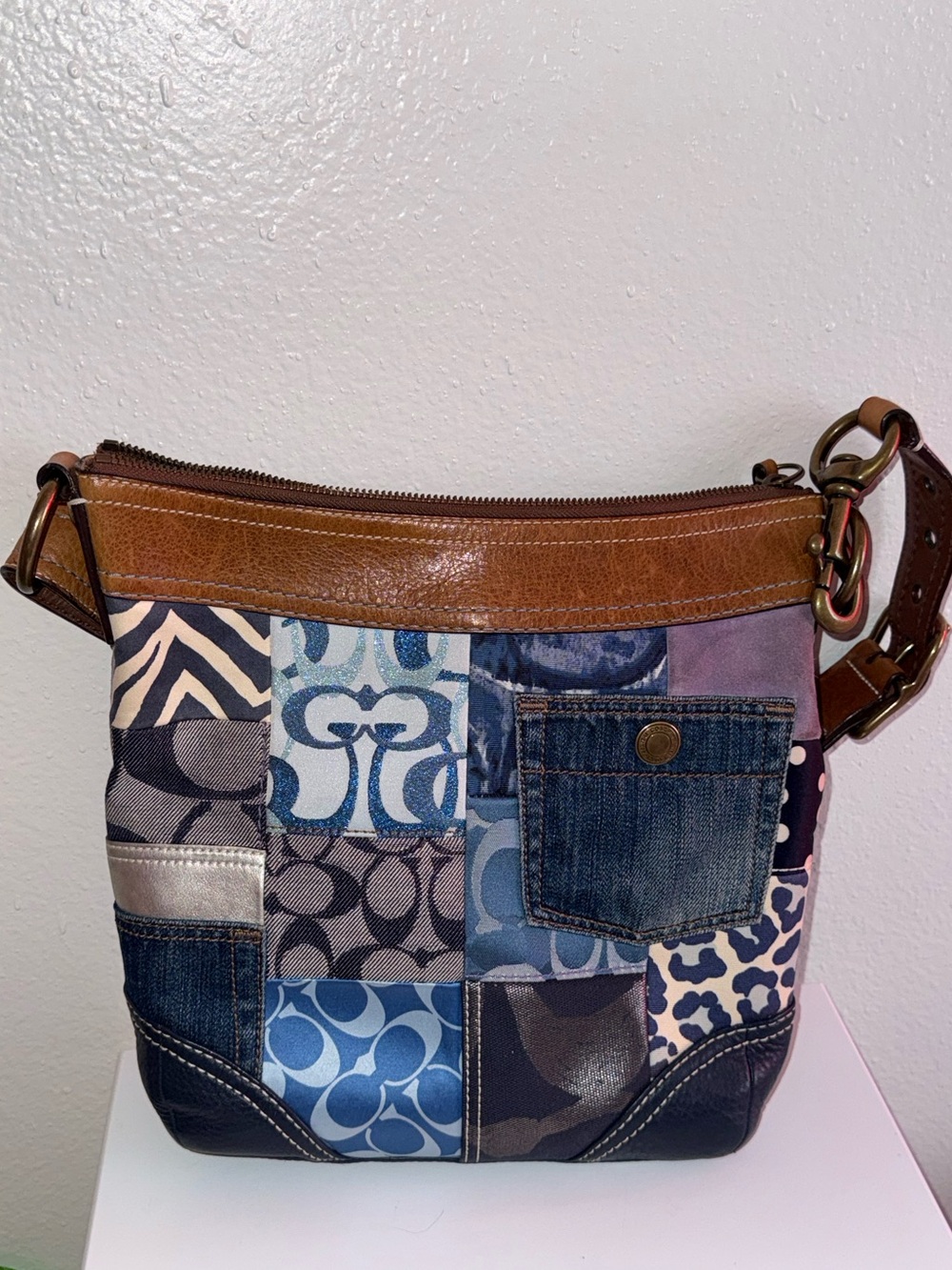 COACH Patchwork Shoulder Bag 10812 Navy Blue Gold Denim Canvas Leather Women's